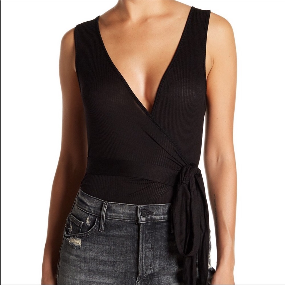Dance & Marvel Black Ribbed Wrap Bodysuit